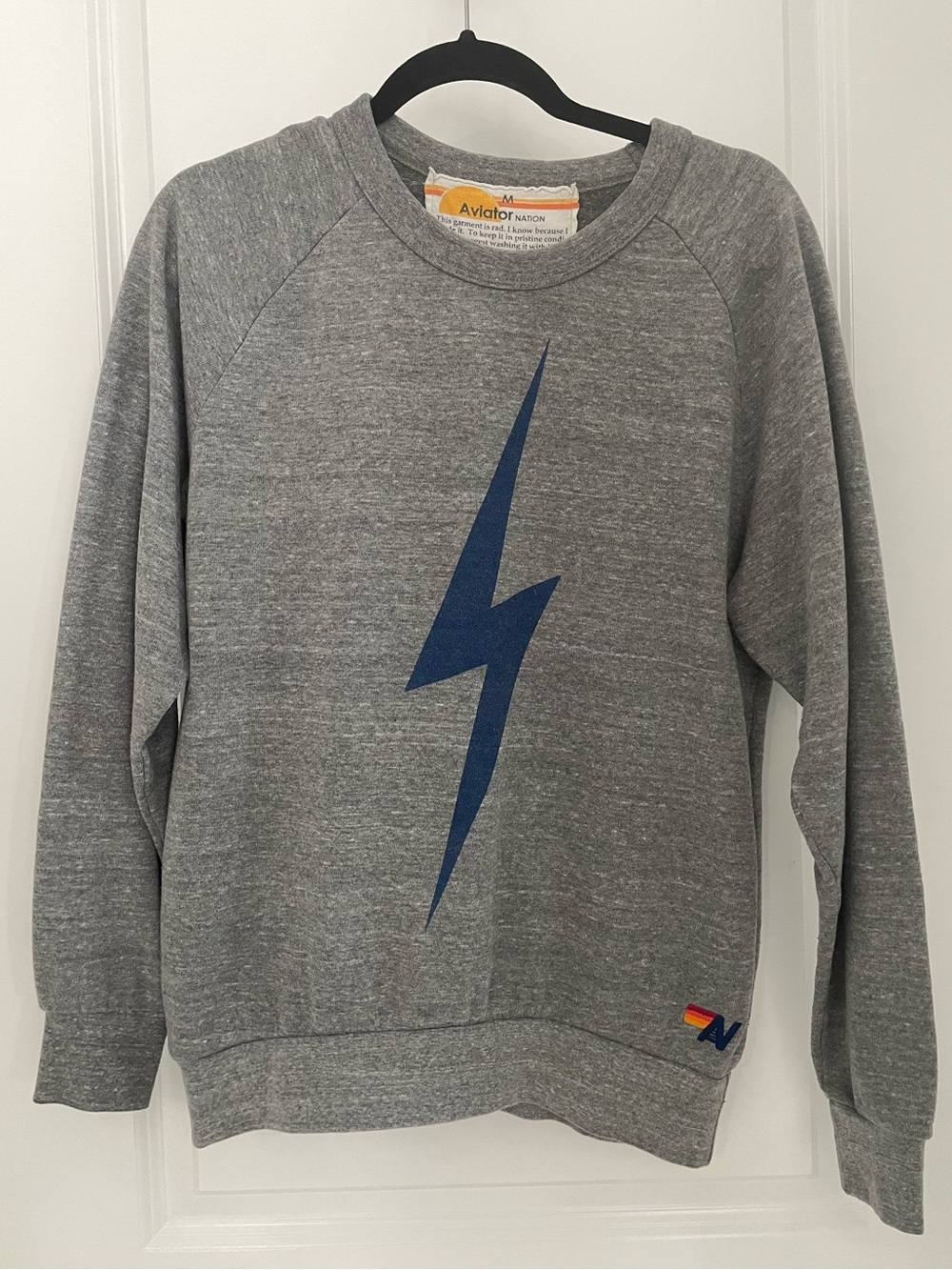 Aviator Nation Heather Gray Blue Bolt Pullover Crew Neck Sweatshirt Size M